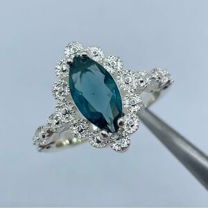 Swarovski Elements Teal Blue Crystal Ring Silver Halo Art Deco Statement New 7